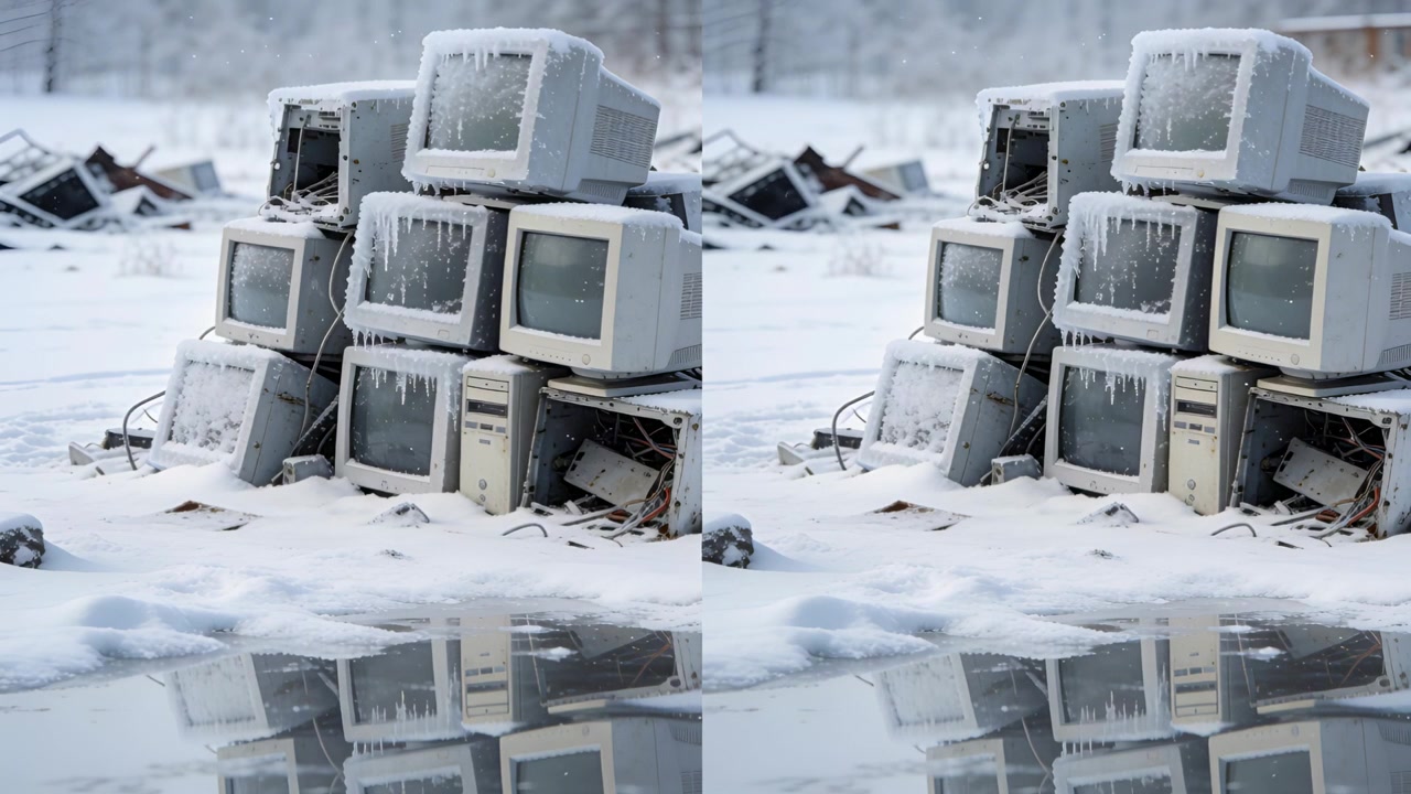 Light snow dusting stack of used CRT monitors and tower cases in scrapyard, coating exposed cables