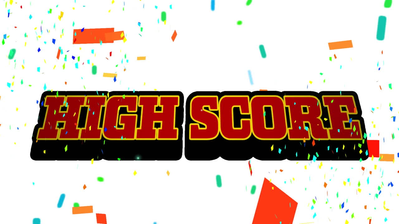⁇ 색 배경에 떨어지는 콘페티와 함께 빨간 글자로 높은 점수 텍스트의 애니메이션