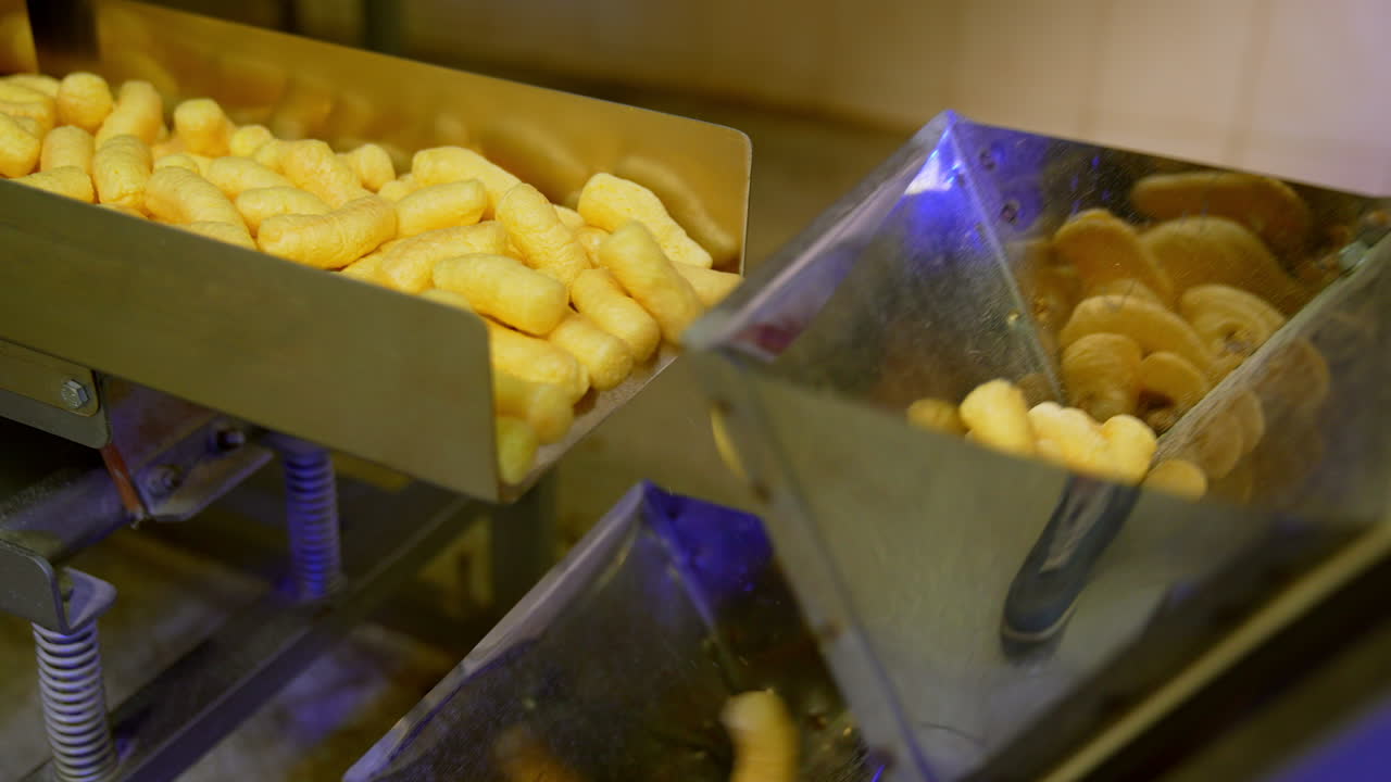 Crispy yellow corn sticks moving by the conveyor belt. Sweet snacks production at modern food factory. Close up.