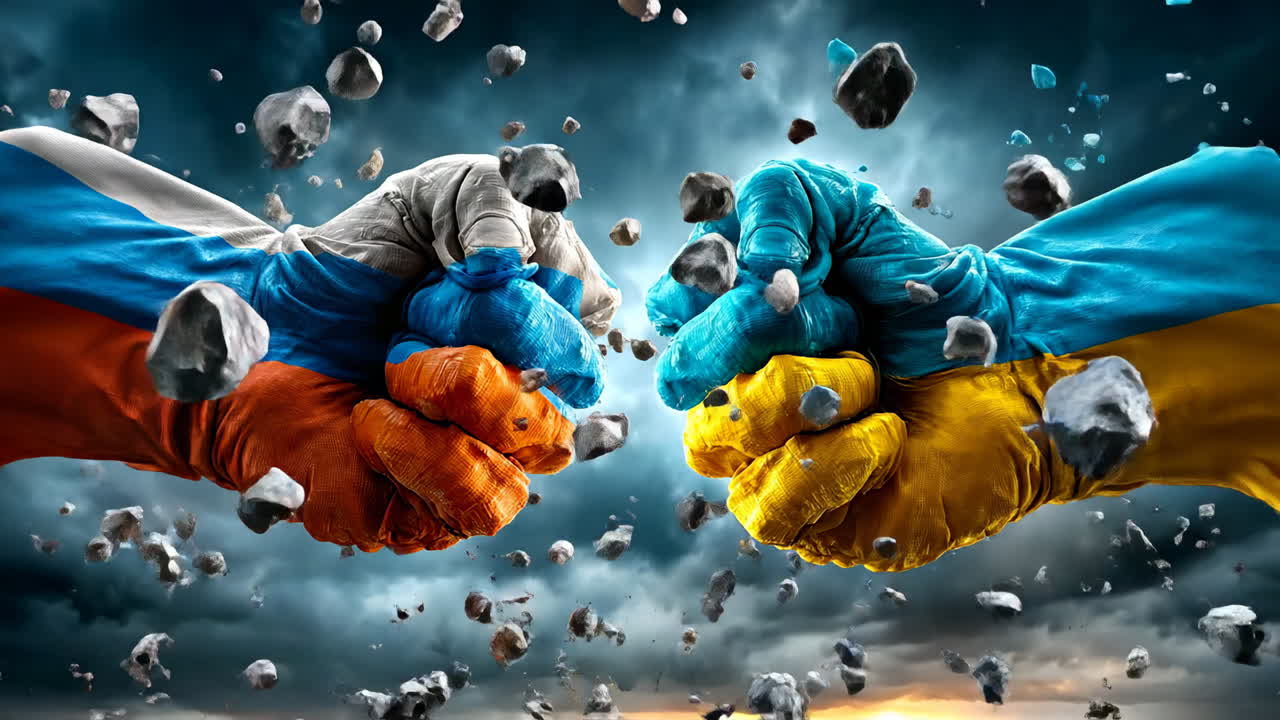 Ukraine-Russia conflict shown. Two colorful fists clash, symbolizing the ongoing conflict between Ukraine and Russia amidst a dramatic background