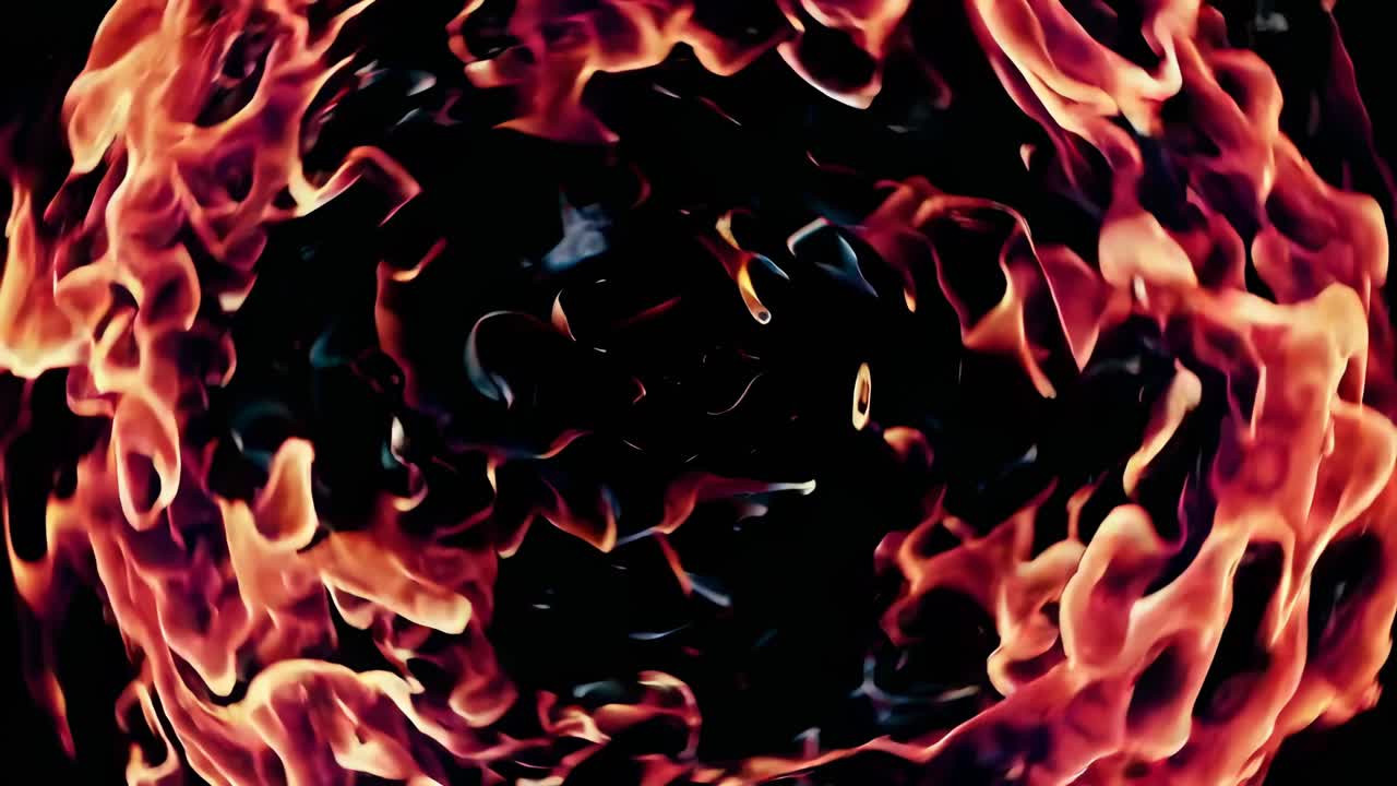 Dynamic video of swirling flames in a circular pattern, captured from a top-down angle