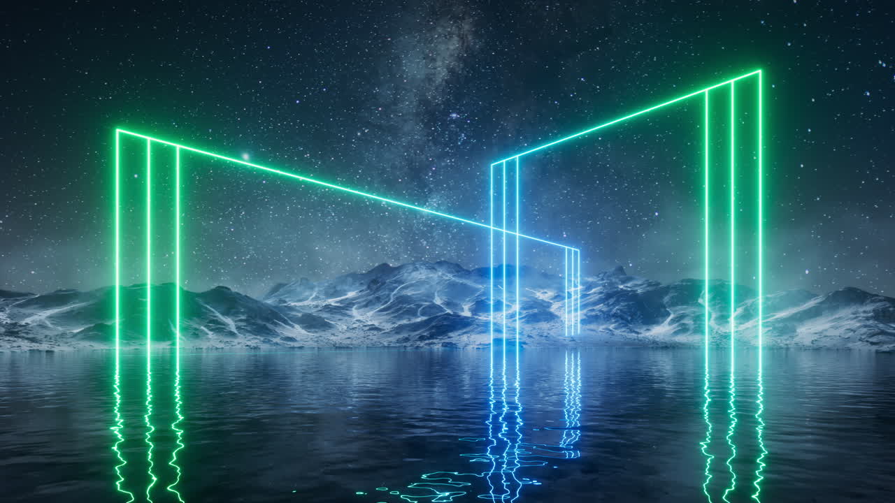 Glowing neon lines on the lake at night, 3d rendering.
