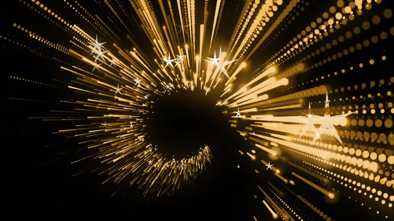 검은색 배경의 복사 공간에 대한 황금색 빛 트레일과 별의 애니메이션