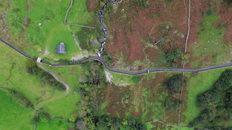 Slow-zoom-birds-eye-view-of-canal-running-through-fields-and-agricultural-land