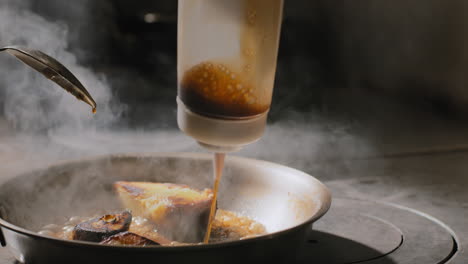 sautéing sweet potatoes in a sweet brown sauce in slow motion