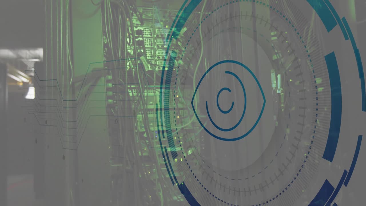 animación de la retina del ojo escáner redondo contra la habitación del servidor de computadora