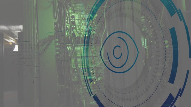 Animation of eye retina round scanner against computer server room