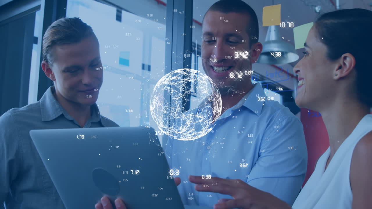 Viewing tablet and discussing, business people with data processing animation over them