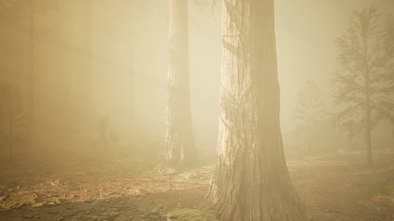 가을의 숲과 아침 안개의 나무