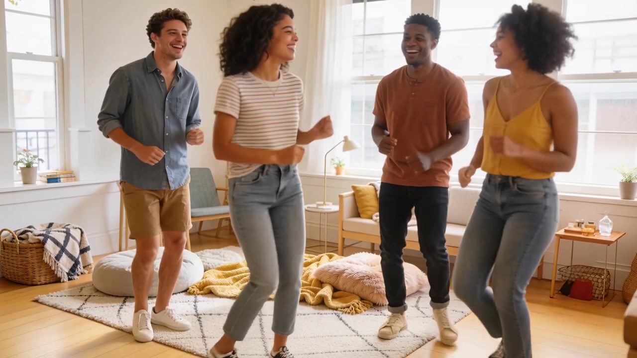 Quatro amigos sorridentes dançando de tênis, pisando e rindo por diversão em casa com grandes janelas