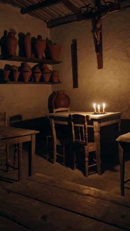 old rustic room with pottery and candles