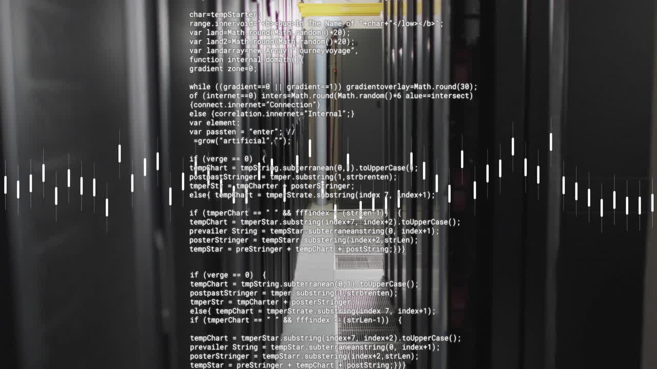 Animation of data stream and text data files processing over dark computer server room