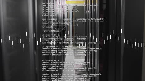 animation of data stream and text data files processing over dark computer server room