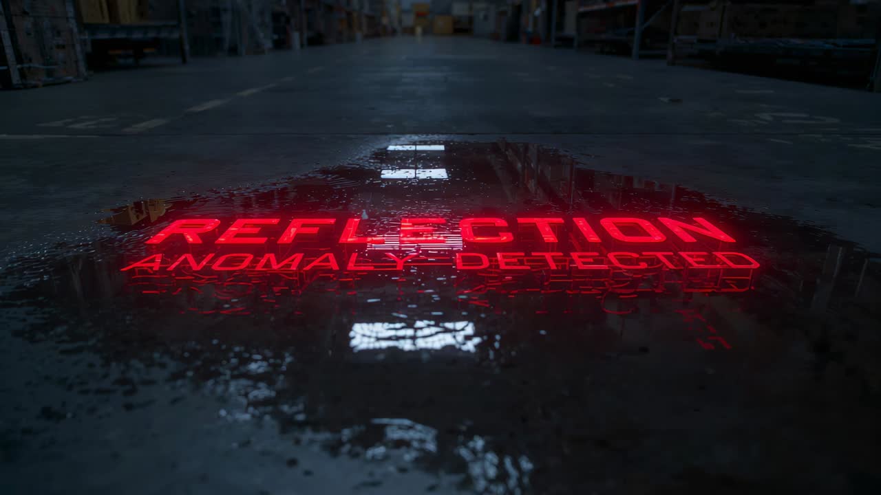 Rippling puddle reacting to center impact in warehouse, distorting red REFLECTION ANOMALY DETECTED