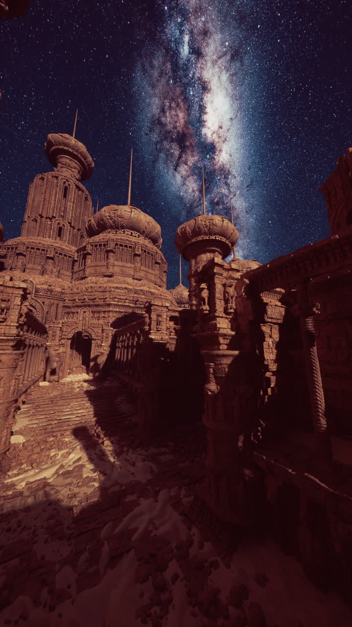 un templo de fantasía bajo un cielo estrellado