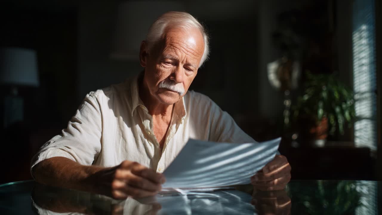 A contemplative older man engages with a simple piece of paper, his facial expressions revealing deep reflection and thought as sunlight softly illuminates the space around him, creating a serene atmosphere