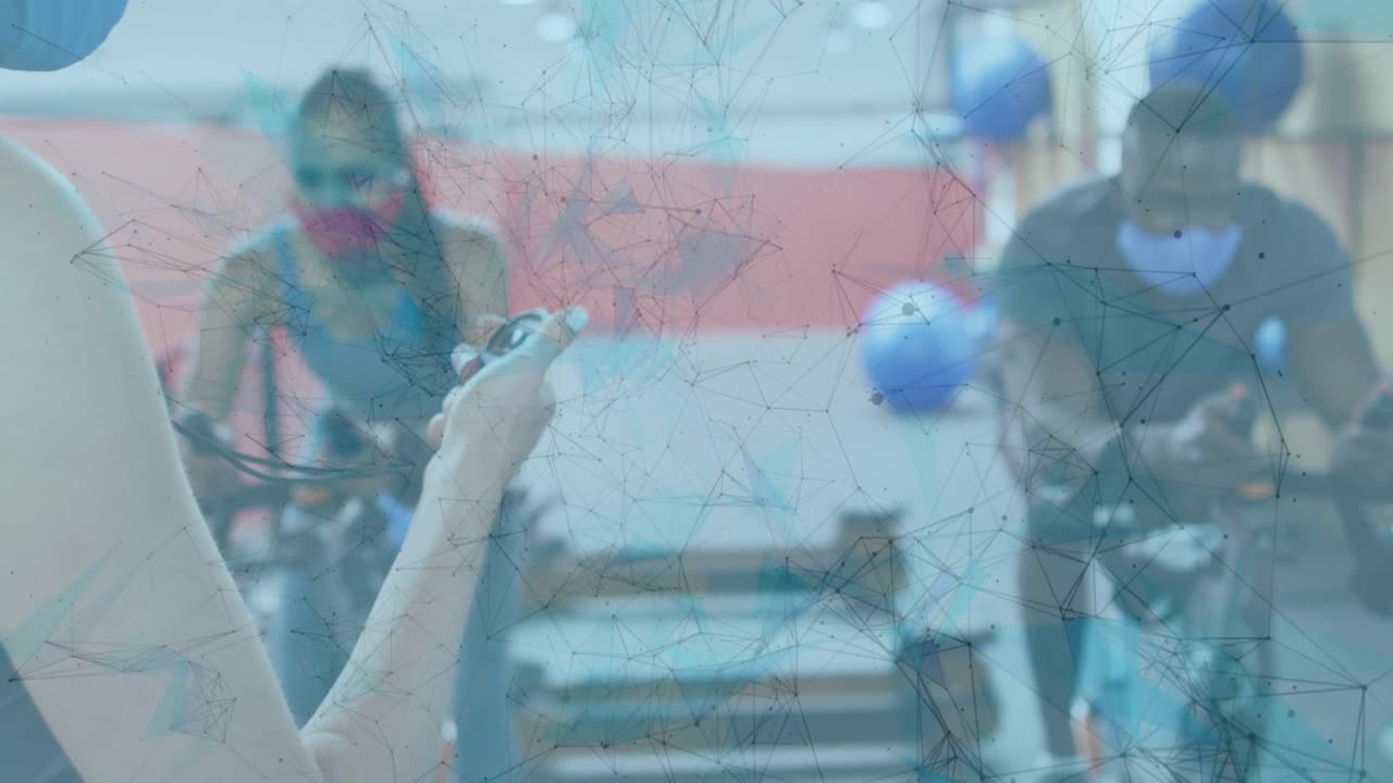 animación de la red de conexiones en diversos grupos que usan máscaras faciales trabajando