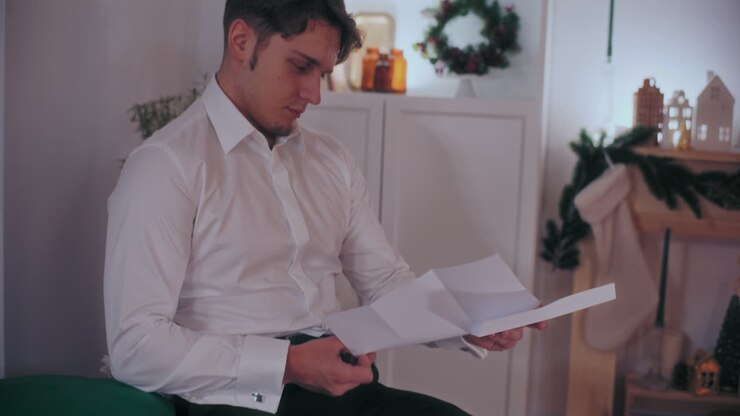 Man reading letter at home during Christmas
