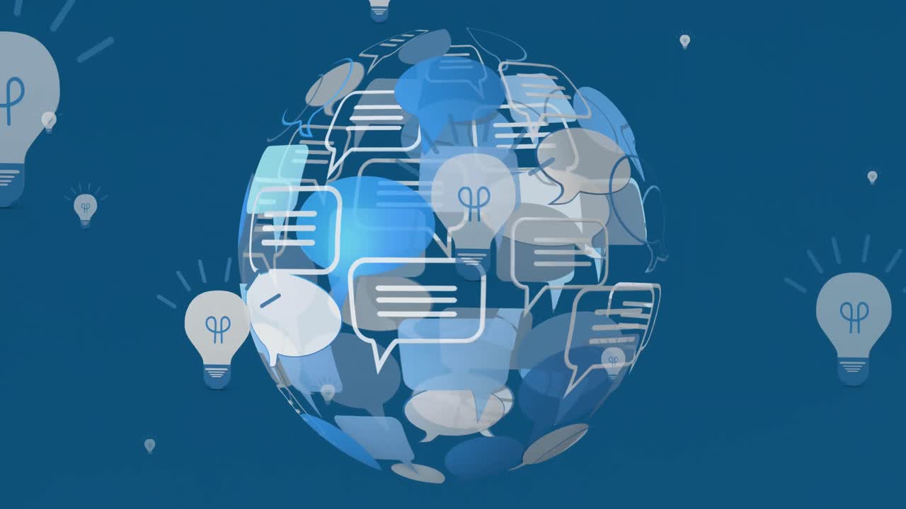 Animation of light bulbs and speech bubble forming globe on blue background