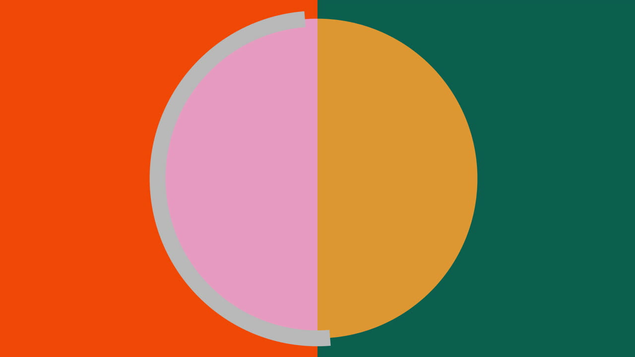 분홍색과 노란색의 원과 회색의 고리의 애니메이션이 오렌지색과 녹색의 배경으로 이동합니다.