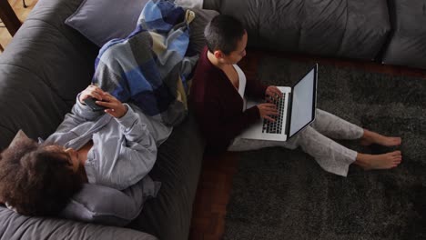 Lesbian-couple-using-laptop-and-mobile-phone-in-living-room