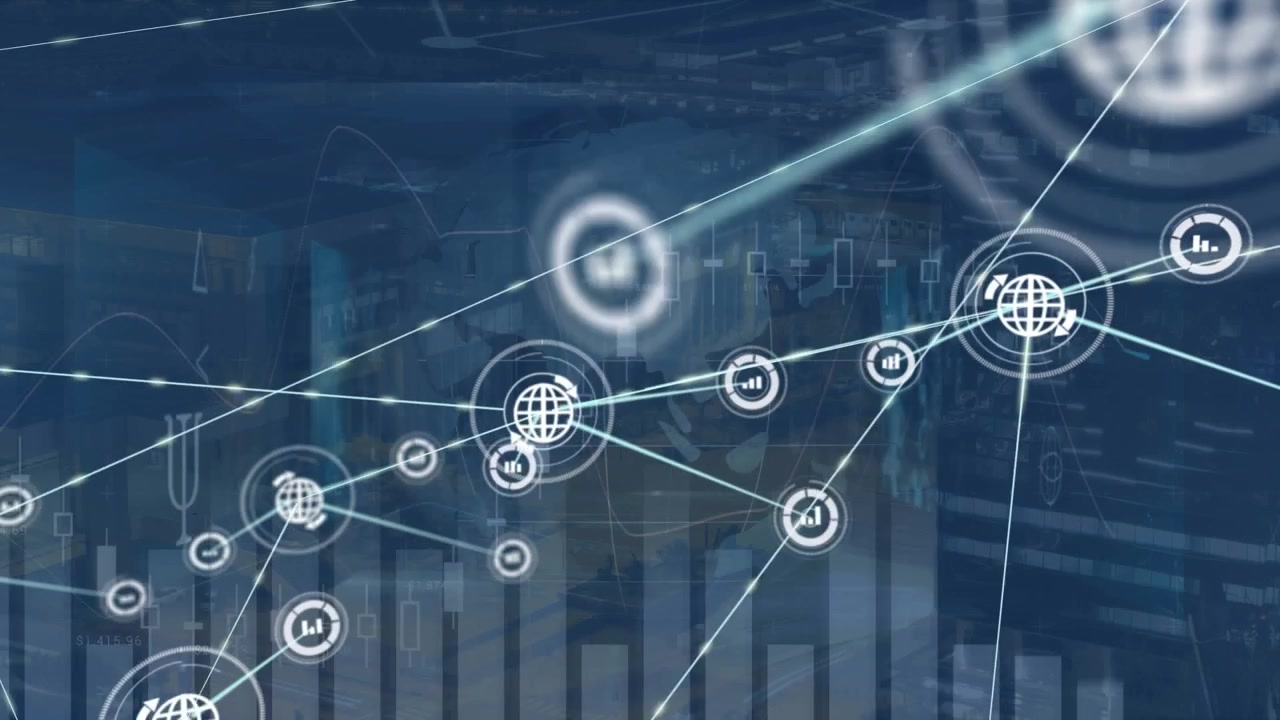 Animated Global Network Connecting Financial Data and Technology Icons