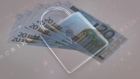 animation of numbers and security padlock over falling euro banknotes