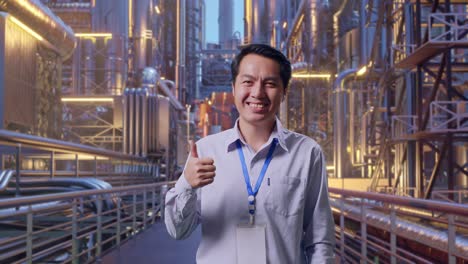 Shot Captures Of An Asian Male Professional Worker Standing At A Vast Oil Refinery, His Broad Smile At The Camera And Thumbs Up