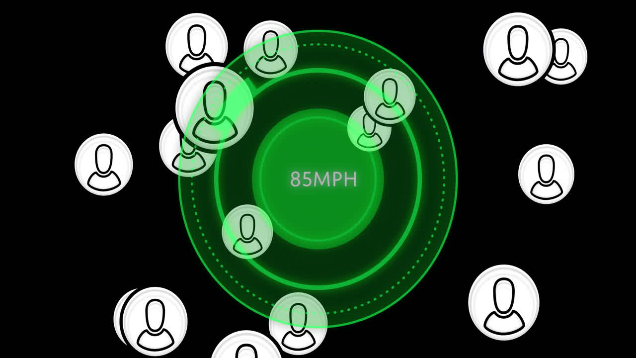animación de iconos de personas digitales y procesamiento de datos a través del velocímetro sobre fondo negro