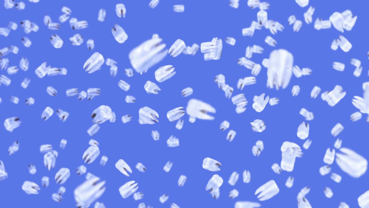Flying many white teeth on blue background. Dental care concept. 3D animation of tooth rotating. Loop animation.