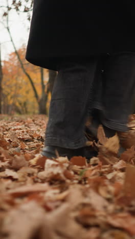 vista de la pierna de un individuo caminando por un bosque con follaje seco de otoño, pateando y esparciendo hojas, usando zapatos de lona y vaqueros negros, creando un efecto de movimiento dinámico en la naturaleza