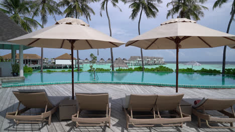 beach chair around swimming pool with sea background