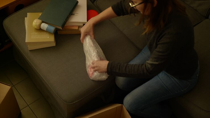 Female packing collectable retro rocket preparing various items for home moving