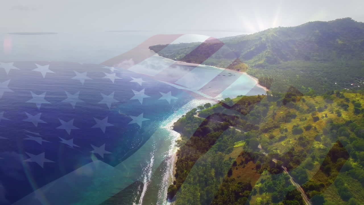 Animation of flag of united states blowing over beach landscape
