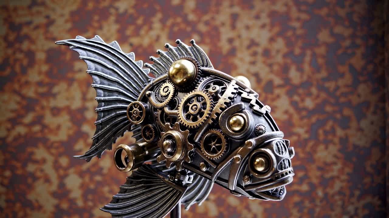 escultura de peces mecánicos steampunk