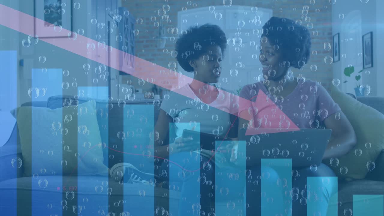 Animation of statistical data processing over african american mother and daughter using laptop