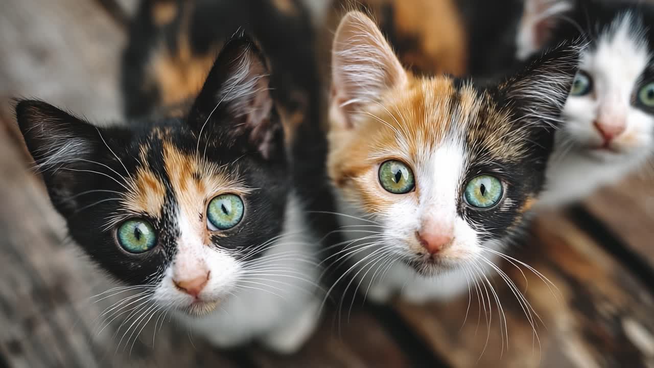 Gattini adorabili con occhi verdi penetranti, catturati in primi piani intriganti, che mostrano la loro natura giocosa e i loro motivi unici – Un momento commovente.