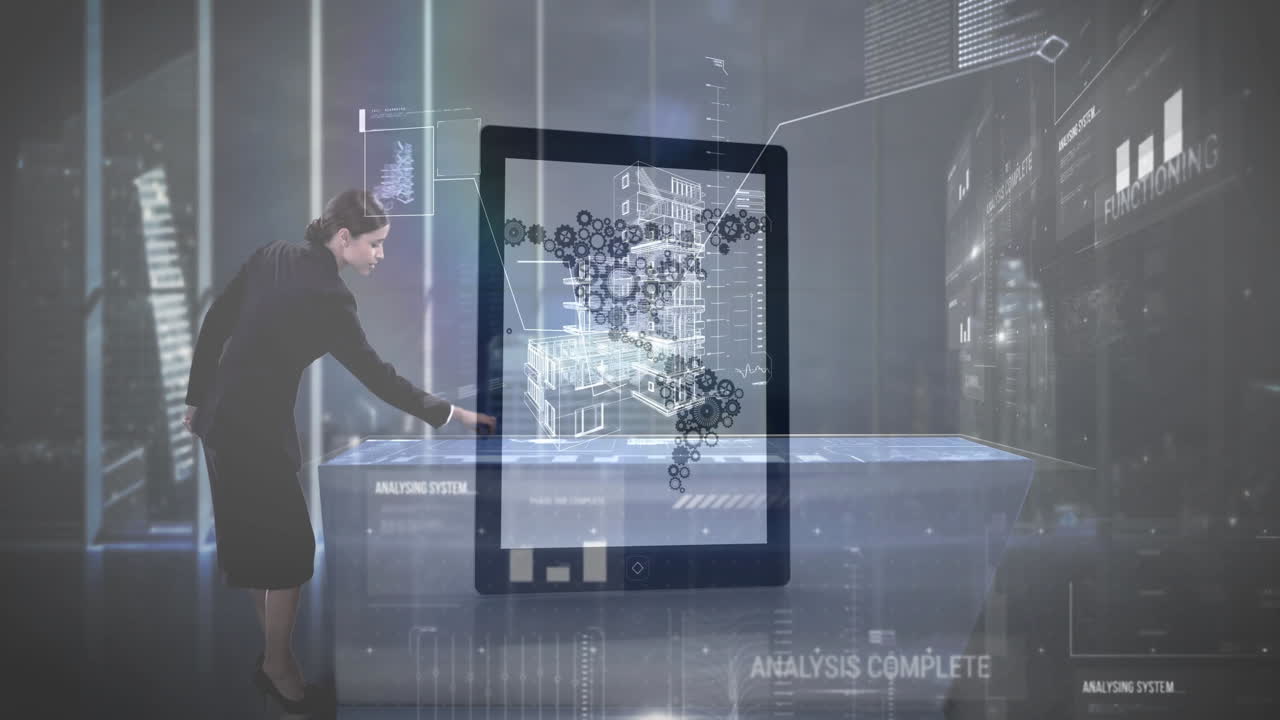 Interacting with digital animation, businesswoman viewing analysis complete message in office