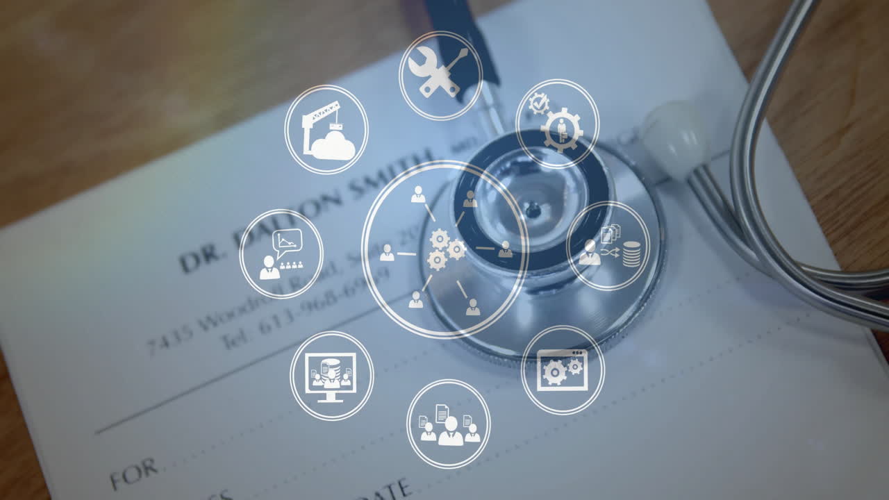 animación del icono en círculos sobre el estetoscopio y la receta del médico en el escritorio