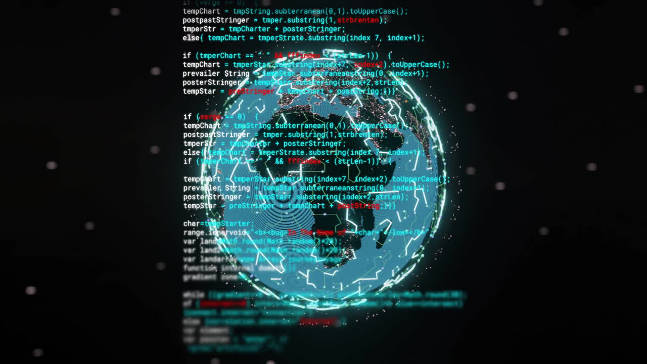 Animation of digital data processing and globe with connections over black background