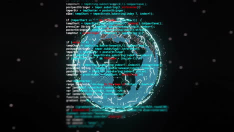 animation of digital data processing and globe with connections over black background