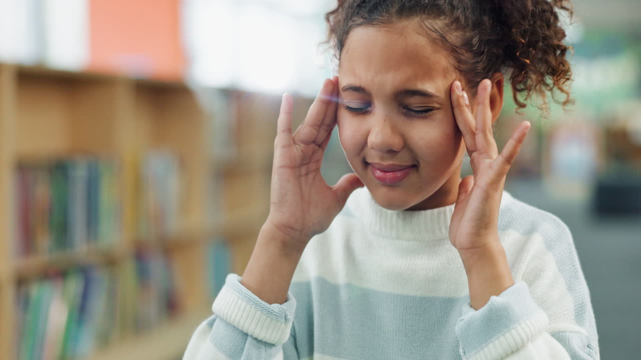 Worried girl in library