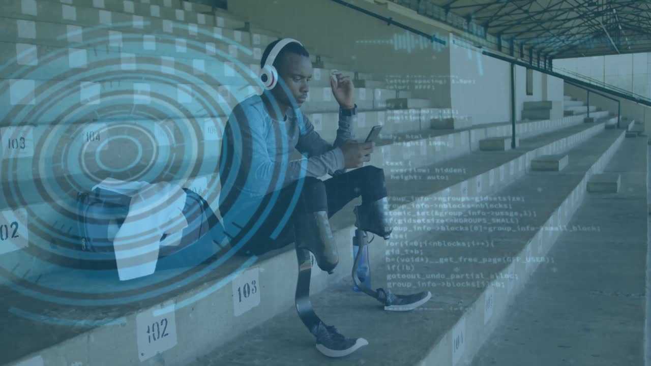Animation of data processing over disabled male athlete using smartphone with headphones on