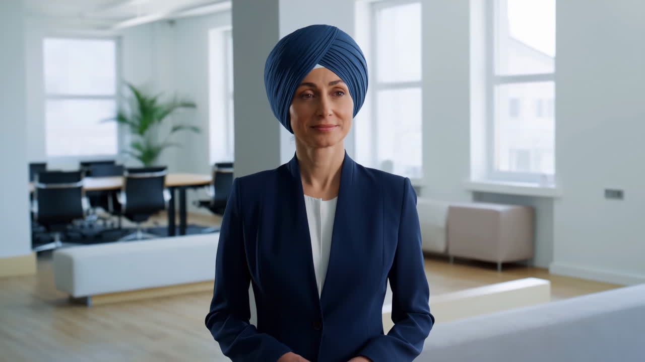 Dirigente Sikh dell'Asia meridionale in ufficio, che dimostra una presenza di leadership composta, donna in blazer blu navy e turbante
