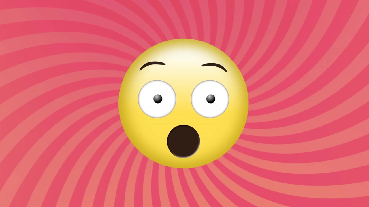 Animation of surprised face emoji against radial rays in seamless pattern on pink background
