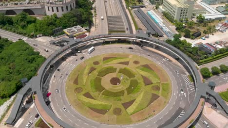 Forward-aerial-of-roundabout-at-Cotai-Strip-in-Macau-on-sunny-day