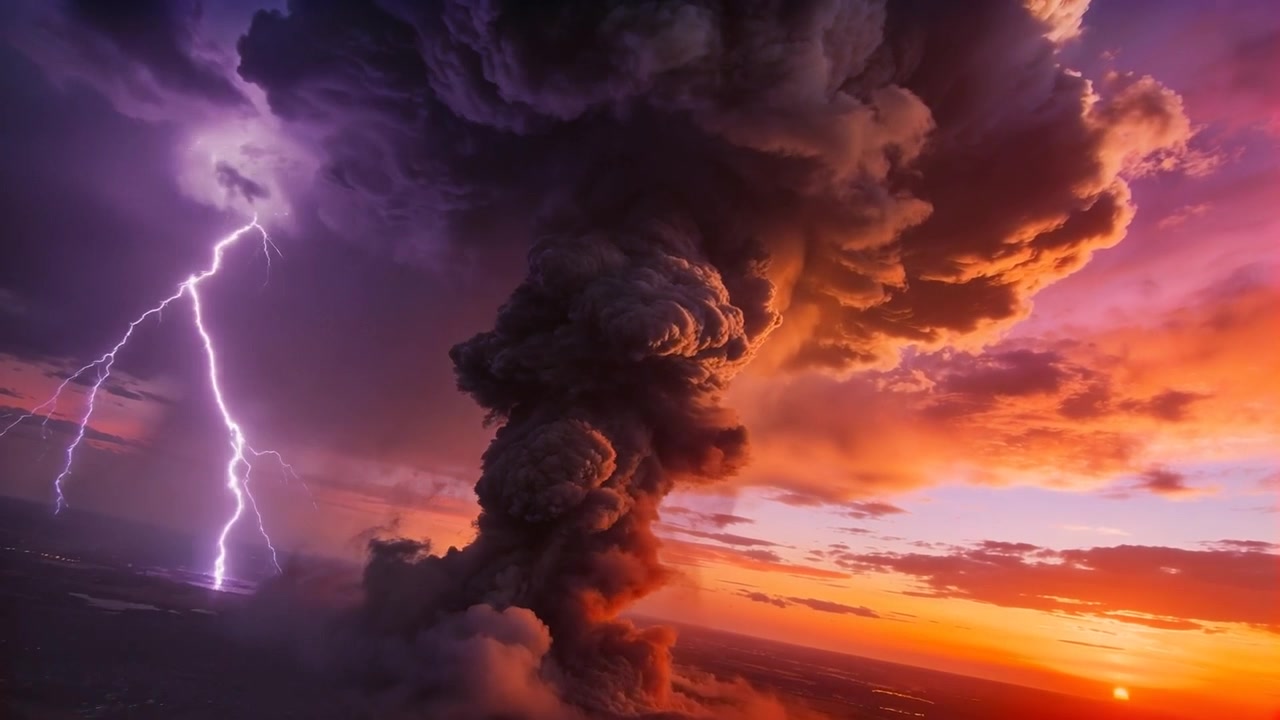 Eruption sending towering smoke plume ascending over rural fields at sunset, with lightning flashes