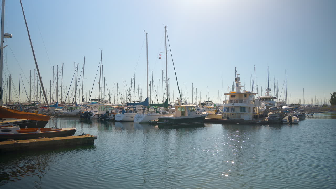Ripresa al rallentatore di piccole imbarcazioni e navi sulle acque in movimento dell'oceano in una giornata di sole a Seattle, WA, USA.
