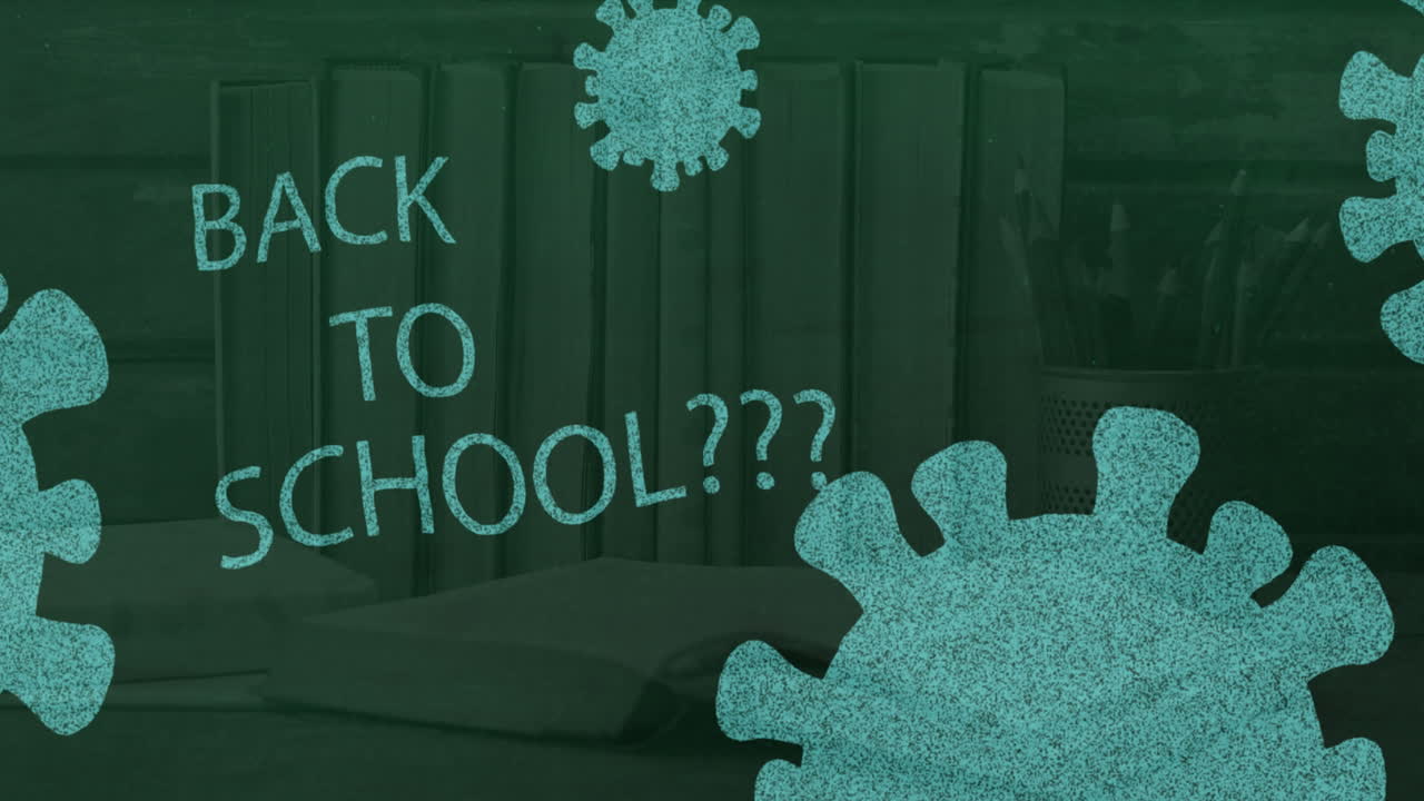 다시 학교에 가서 교과서와 코로나19 세포를 책의 스택에 대비합니다.