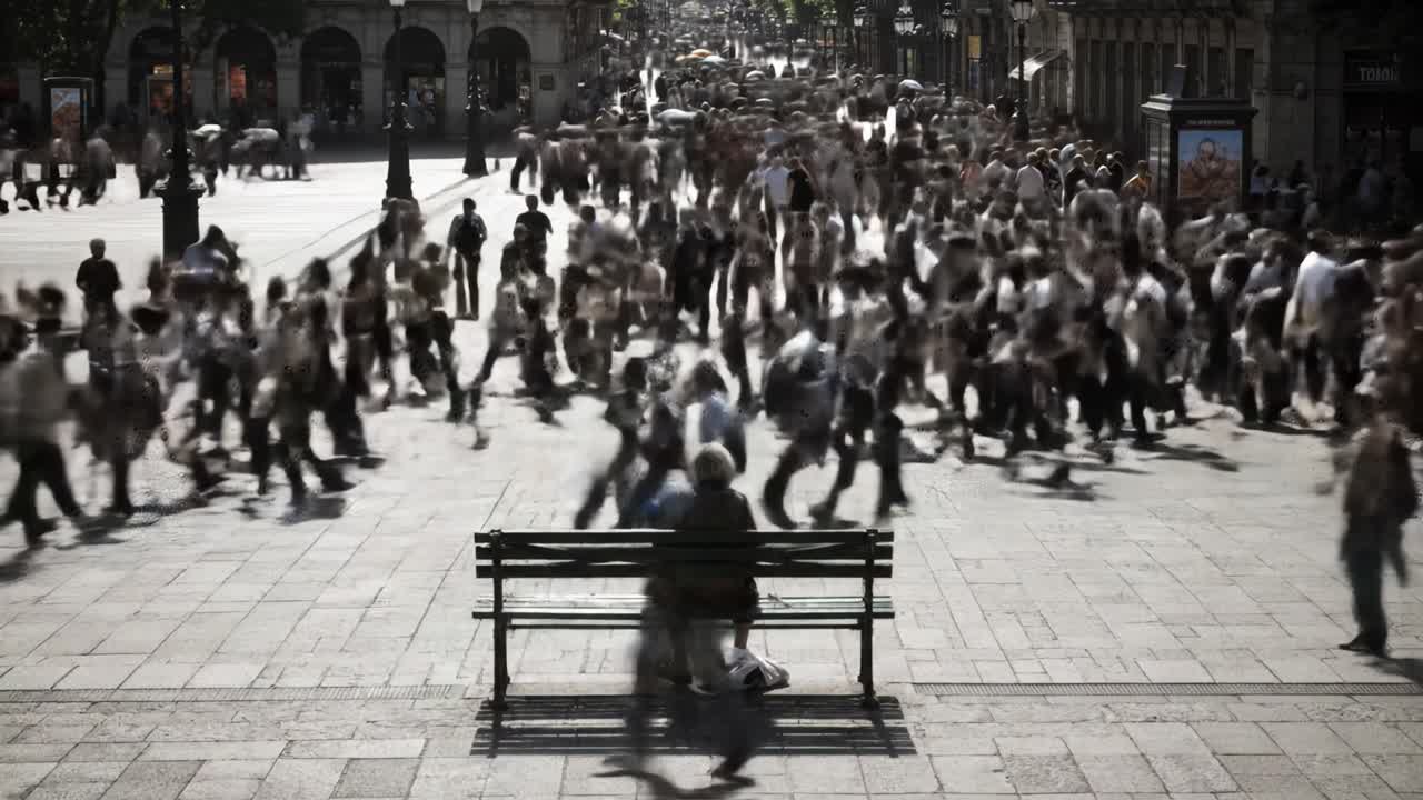 Two individuals sit on a bench while a bustling crowd flows past in a vibrant urban square. The atmosphere is energetic, showcasing daily life and human interaction in the city.